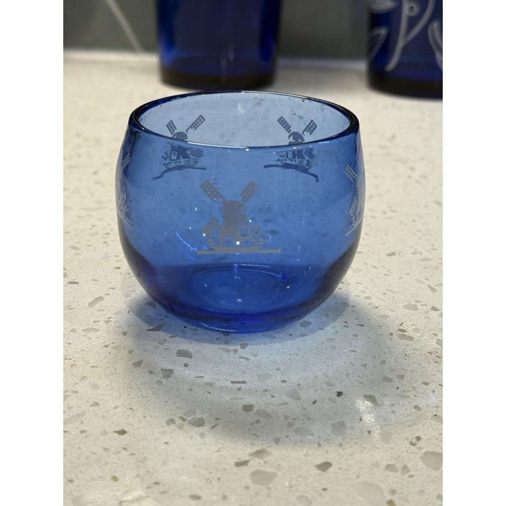 Hazel Atlas Windmill Cobalt Blue Roly Poly Ball Tumblers Mid Century Glass